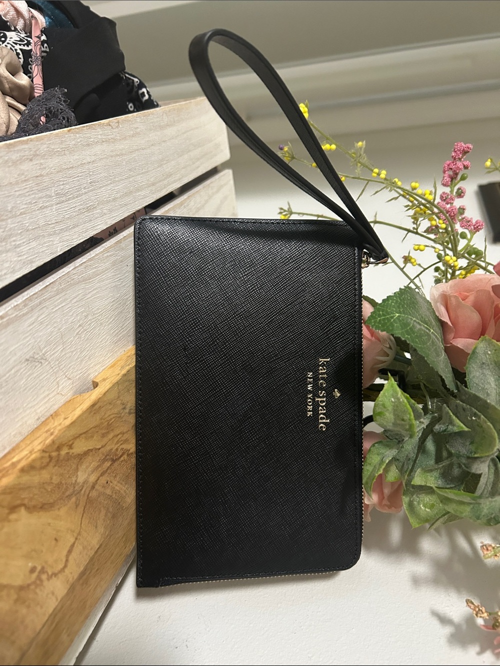 kate spade Black Saffiano Leather Wristlet with Gold Logo